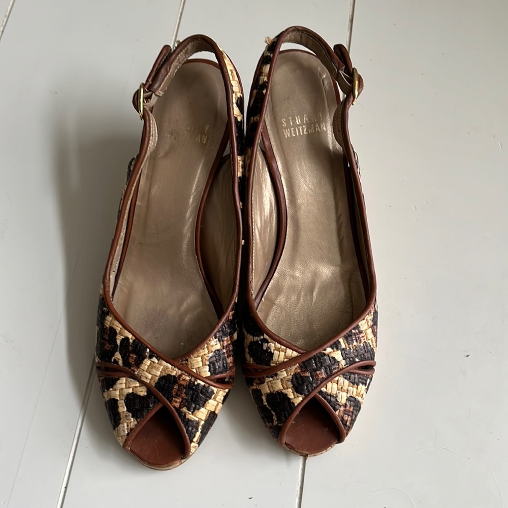 Stuart Weitzman, Tan/Brown Animal Print, Cork Sling Back Wedge, 7.5 U.S.
